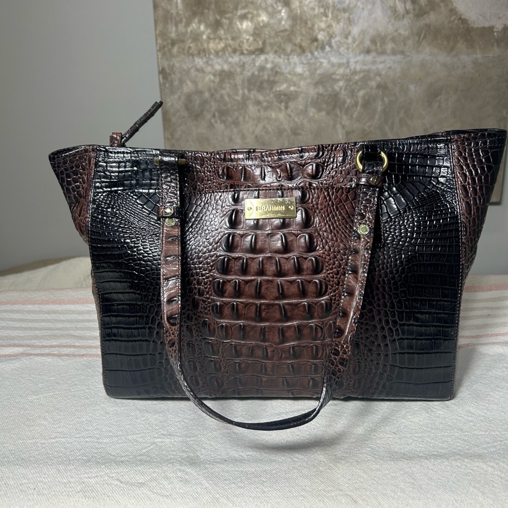 Brahmin Black and Brown Croc-Embossed Tote